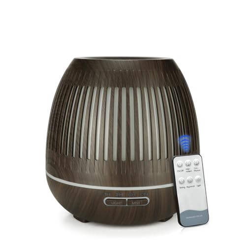 Luftbefeuchter Aroma Diffuser für Duftöle | Fernbedienung + Zeitschaltuhr | 400ml | Duftlampe Aromatherapie | 7 Farben Licht | Holzdesign Öl | Wellness Schlafzimmer Wohnzimmer (Dunkelbraun) von OVADA