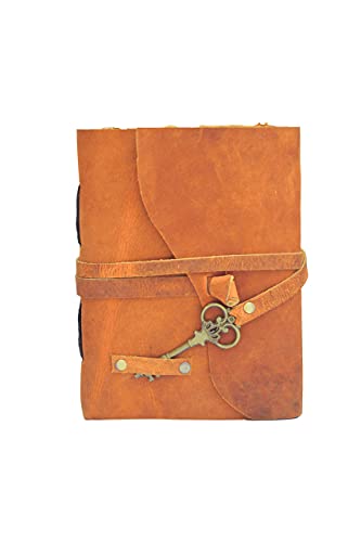 OVERDOSE Bütten-Orange mit Schlüssel, Vintage-Leder-Tagebuch mit gebranntem Büttenrand, handgefertigtes Tagebuch, Skizzenbuch, Orange, Größe 5 x 7 Zoll | 12 x 17 cm Organizer – Antike Bücher von OVERDOSE