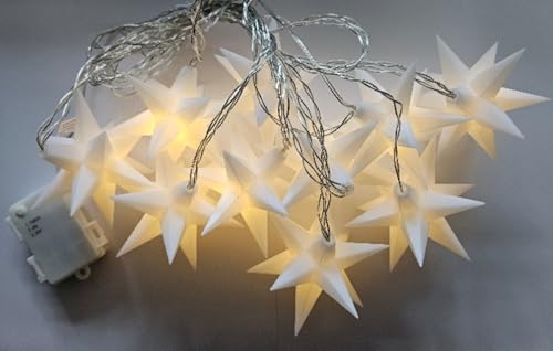 OVILUM Stern Lichterkette 3D mit LED Beleuchtung | 10 Sterne | weiß | Ø 12 cm | 3D Stern mit 15 Spitzen | wetterfest | Garten Deko, Wohnzimmer, Weihnachtsdeko | mit Timer | batteriebetrieben von OVILUM