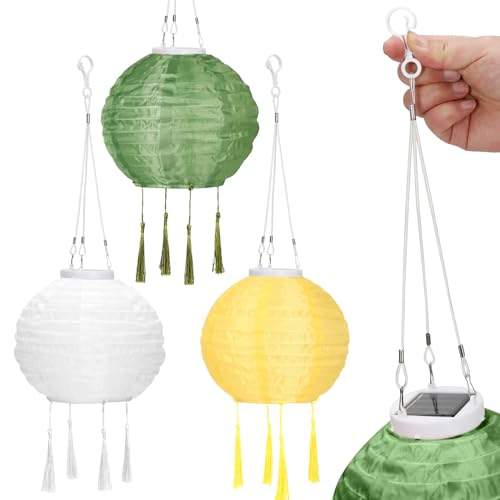 OVITEC Solar Lampion Boho Style 3er Set | grün gelb weiß| Party Deko | Vintage Style | Lampions außen wetterfest | Lichterkette für Garten oder Balkon Deko | Ø ca. 20 cm | Wetterfest mit LED von OVITEC