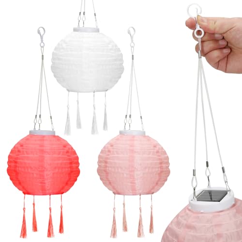 OVITEC Solar Lampion Boho Style 3er Set | rot, rosa, weiß | Party Deko | Vintage Style | Lampions außen wetterfest | Lichterkette für Garten oder Balkon Deko | Ø ca. 20 cm | Wetterfest mit LED von OVITEC