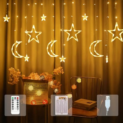 OVOISSTIY Lichterkette Sternenvorhang, 3.5M Ramadan Sterne und Mond Lichterkette Fenster 8 Modi, LED Fenstervorhang Lichter Mit Fernbedienung und Memoryfunktion für Ramadan, Fest, Party, Hochzeit von OVOISSTIY