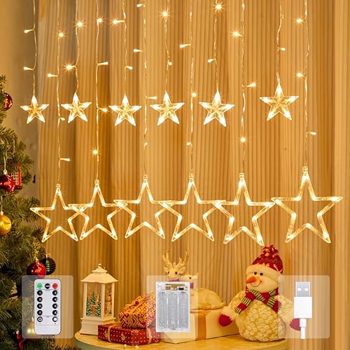 OVOISSTIY Lichterkette Sternenvorhang, 3.5M Weihnachtsbeleuchtung Sterne Fenster8 Modi, Fenstervorhang Lichter Mit Memoryfunktion Remote für Weihnachten Fest Party Hochzeit von OVOISSTIY