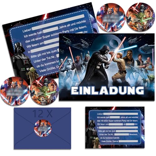 OVOparty 12x Einladungskarten Kindergeburtstag Junge mit Umschlag Deutsch, Star War Geburtstagseinladungen Jungen, Star War Cartoon Einladungskarten Geburtstag Set für Themed Party (A6) (A) von OVOparty