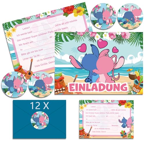 OVOparty 12x Stich Einladungskarten Kindergeburtstag Junge mit Umschlag Deutsch, Stich Geburtstagseinladungen Jungen, Cartoon Einladungskarten Geburtstag Set für Themed Party (A6) (A) von OVOparty