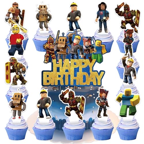 OVOparty 25 Stück Roblx Tortendeko Jungen, Roblx Kuchen Deko Kindergeburtstag, Roblx Cake Topper Set, Happy Birthday Topper für Kinder Geburtstag Party Kuchen Dekoration Supplies (A) von OVOparty