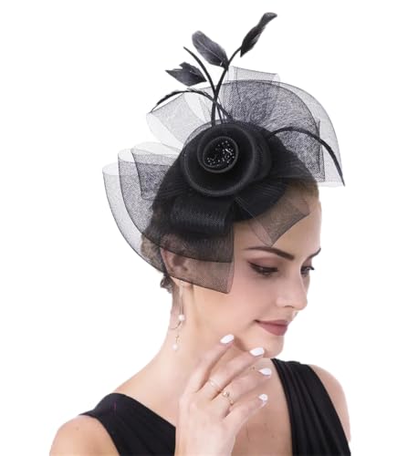 OWEIEYEU Fascinator für Damen mit Blume, Netzstoff, Feder-Stirnband, Party, Fotografie, Haar-Accessoire, Schwarz von OWEIEYEU