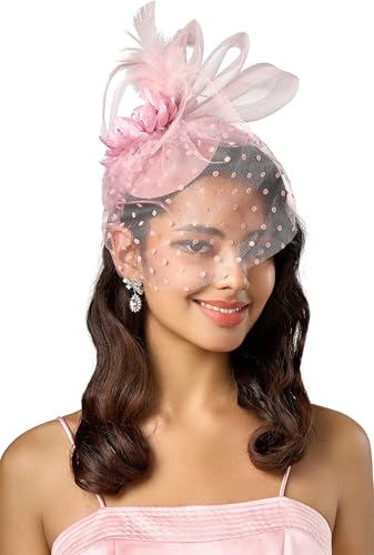 OWEIEYEU Kentucky Fascinator für Damen, Netzstoff, Hochzeit, Cocktail-Party, Blumenfedern, Haarspange, Derby-Hut, pnnrk von OWEIEYEU