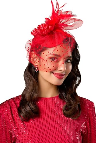 OWEIEYEU Kentucky Fascinator für Damen, Netzstoff, Hochzeit, Cocktailparty, Blumenfedern, Haarspange, Derby-Hut, Rot von OWEIEYEU