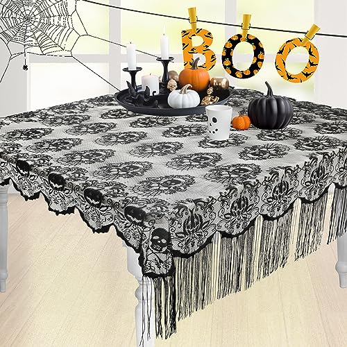 OWENIE Halloween-Tischdecke, Totenkopf-Spitze, Stoff-Tischdecken mit Quaste, schwarzer Kürbis, Tischdecke für rechteckige Tische für Partys, Gothic, Halloween, Heimdekoration, 132 x 132 cm von OWENIE