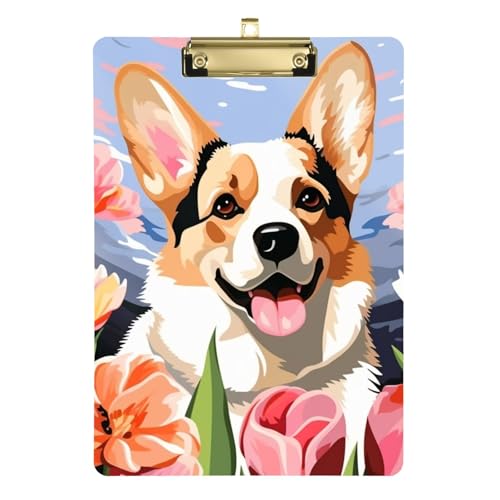 Acryl-Klemmbrett Happy Corgi Hund und rosa Blume hängende Kunststoff-Klemmbretter für Büro von OWFKAY