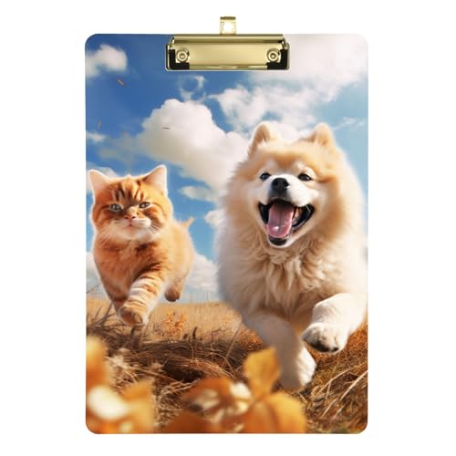 Acryl-Klemmbrett Happy Dog and Cat Running in Field Hanging Plastic Clipboards for Office von OWFKAY