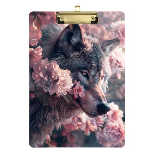 Acryl-Klemmbrett Wolf in rosa Blumen hängende Kunststoff-Klemmbretter für Büro von OWFKAY