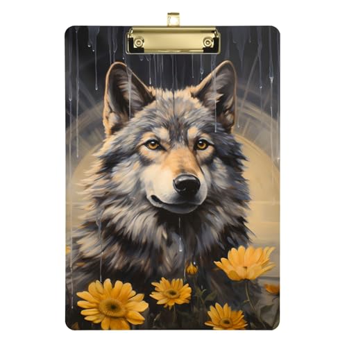 Acryl-Klemmbrett Wolf mit gelber Blume, hängende Kunststoff-Klemmbretter für Büro von OWFKAY