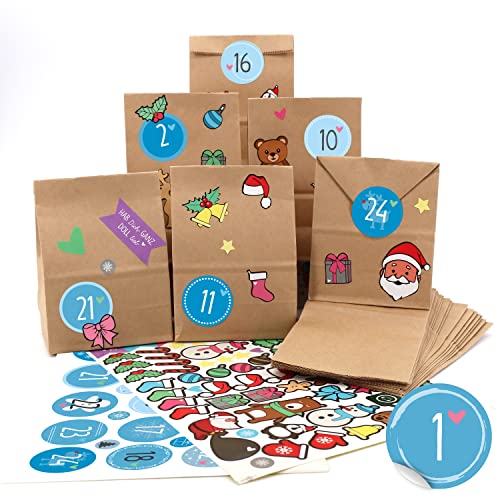 OWLBOOK® Adventskalender zum Befüllen | Adventskalender 2024 Tüten | Weihnachtskalender zum befüllen | 24 Papiertüten mit Aufkleber | Geschenktüten zu Weihnachten von OWLBOOK