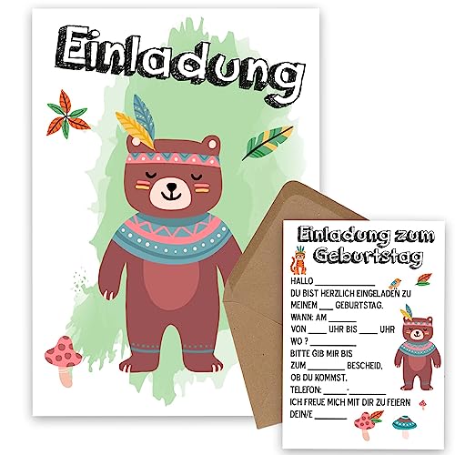 OWLBOOK Bär Boho Braunbär 5 Einladungskarten Kindergeburtstag Junge Mädchen Kinder - Wilde Tiere Geburtstag - Kindergeburtstagseinladungen Wald Tiere Zoo Dschungel Einladungen zum Ausfüllen mit von OWLBOOK