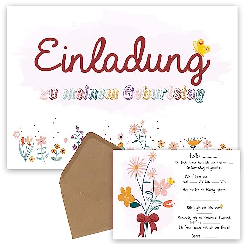 OWLBOOK Einladung Blumenwiese Einladungskarte Kindergeburtstag Mädchen Geburtstagseinladungen Mädchen zur Motto Party - Kinder Geburtstags Einladungen zum Ausfüllen mit Umschläge von OWLBOOK