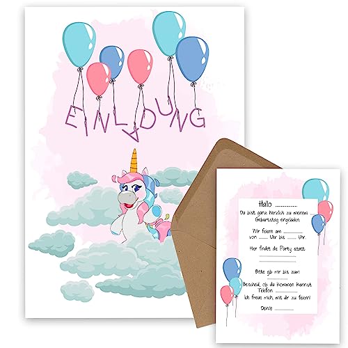 OWLBOOK Einladung Einhorn mit Luftballons 25 Einladungskarten Kindergeburtstag Mädchen Einhorn Geburtstagseinladungen Mädchen zur Einhorn Motto Party - Kinder Geburtstag Einladungen zum Ausfüllen von OWLBOOK
