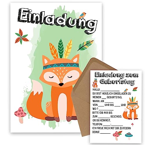 OWLBOOK Fuchs Boho 25 Einladungskarten Kindergeburtstag Junge Mädchen Kinder - Wilde Tiere Geburtstag - Kindergeburtstagseinladungen Wald Tiere Zoo Dschungel Einladungen zum Ausfüllen mit Umschläge von OWLBOOK