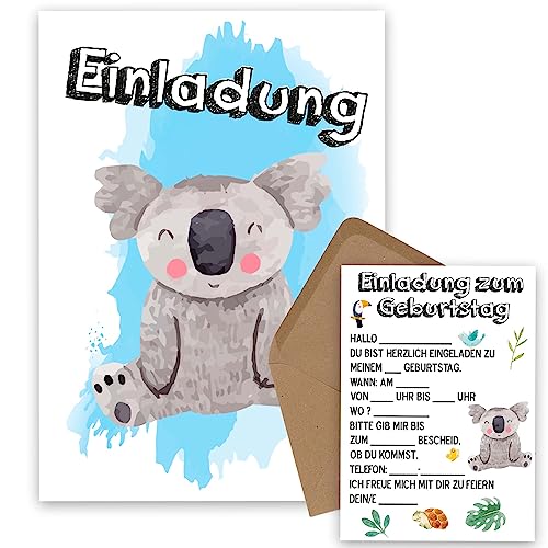 OWLBOOK Koala Safari 25 Einladungskarten Kindergeburtstag Junge Mädchen Kinder - Wilde Tiere Geburtstag - Kindergeburtstagseinladungen Wald Tiere Zoo Dschungel Einladungen zum Ausfüllen mit von OWLBOOK