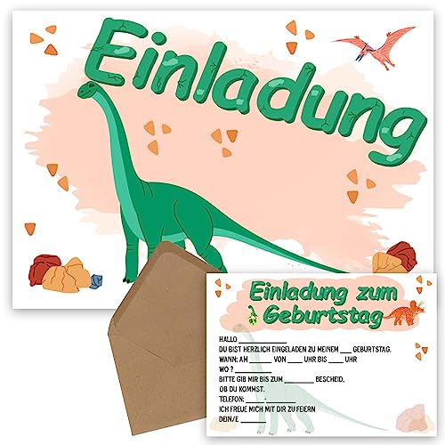 OWLBOOK Langhals 5 Einladungskarten Kindergeburtstag Junge Jungs Dino Dinosaurier - Geburtstageinladungskarte für Jungen - Kinder Geburtstag Einladungen zur Geburtstagsfeier zum ausfüllen mit von OWLBOOK