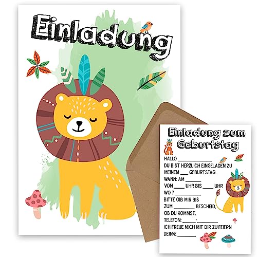 OWLBOOK Löwe Boho 5 Einladungskarten Kindergeburtstag Junge Mädchen Kinder - Wilde Tiere Geburtstag - Kindergeburtstagseinladungen Wald Tiere Zoo Dschungel Einladungen zum Ausfüllen mit Umschläge von OWLBOOK