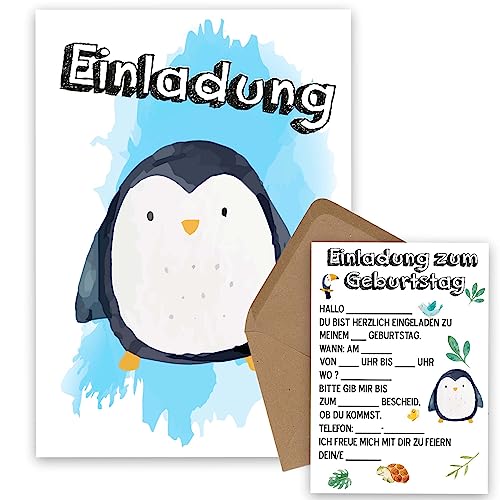 OWLBOOK Pinguin Safari Einladungskarte Kindergeburtstag Junge Mädchen Kinder - Wilde Tiere Geburtstag - Kindergeburtstagseinladungen Wald Tiere Zoo Dschungel Einladungen zum Ausfüllen mit Umschläge von OWLBOOK