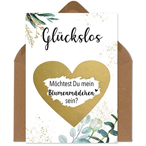 OWLBOOK Rubbelkarte Blumenmädchen Fragen Karte mit Rubbelherz Gold Geschenke Geschenkideen für Mädchen zur Hochzeit & Verlobung von OWLBOOK