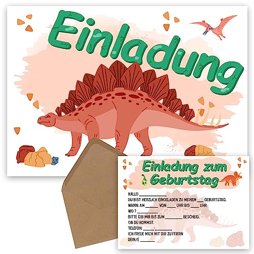 OWLBOOK Stegosaurus Einladungskarte Kindergeburtstag Junge Jungs Dino Dinosaurier - Geburtstageinladungskarte für Jungen - Kinder Geburtstag Einladungen zur Geburtstagsfeier zum ausfüllen mit von OWLBOOK