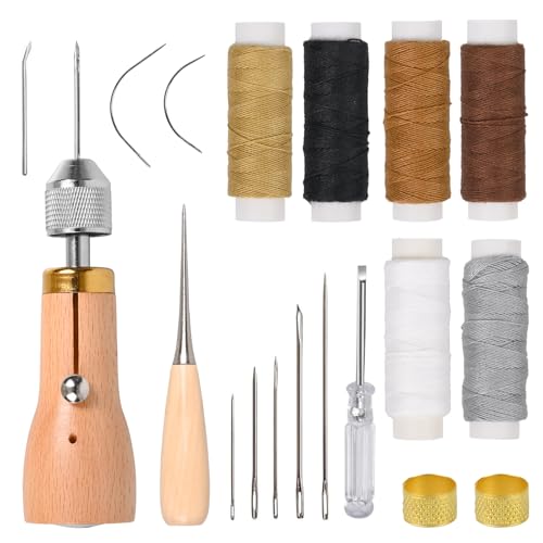 OWLMATE 19 Stück Ahle Werkzeug, Ledernadel, Nadel und Faden set, Leder Nähen Messingring,Spule,Greifer,Leder Werkzeuge Set für DIY Handwerk von OWLMATE