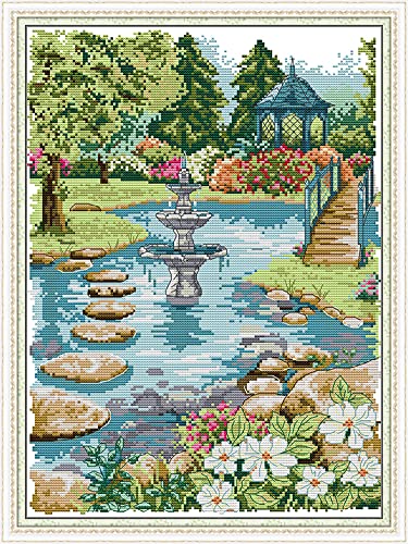 OWN4B Kreuzstich-Set, vorgedruckt, Waterfront Garden, geprägtes Muster, 11 CT, 41,9 x 55,1 cm, DIY-Stickset (Garten) von OWN4B