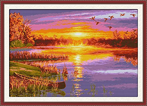 OWN4B Kreuzstich-Set, vorgedruckt, Herbst-Sonnenuntergang, geprägtes Muster, 11 CT, 90,9 x 66 cm, DIY-Stickset (Sonnenuntergang) von OWN4B