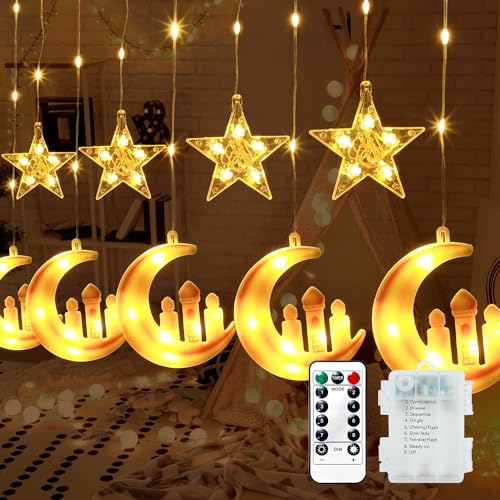 90 LED Ramadan Licht Stern Mond Lichterketten,3m Sterne Mond und Schloss Ramadan Deko Licht,Muslim Eid LED String, mit 8 Blinkenden Modi & Fernbedienung für Zuhause Garten Hochzeit Ramadan Party von OWOAOOwl