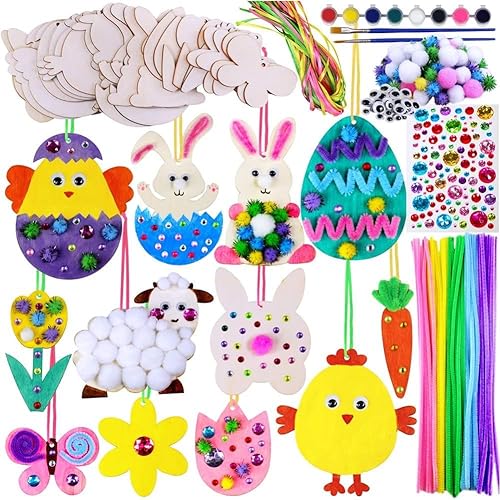 Ostern Basteln Holz,319Stück Osterdeko Basteln Kinder,Holzanhänger Ostern zum Bemalen,DIY Anhänger Osterhase Ostereier Küken,DIY Anhänger Ostern,Mit Aquarellstift,Strass,Deko Schnur,Augen Zum Basteln von OWOAOOwl