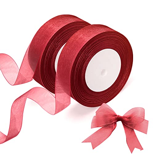 OWill 2 Rollen Geschenkband Weihnachten,20mm x 90m,Satinband rot,schleifenband Weihnachten,Transparente chiffonbänder weihnachtsbänder für geschenkverpackungen,Weihnachtsbaum,Schleifen von OWill