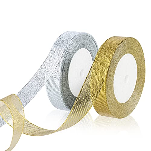 OWill 2 Rollen Geschenkband Weihnachten,20mm x 44m,Satinband gold & silber,schleifenband Weihnachten,Transparente chiffonbänder weihnachtsbänder für geschenkverpackungen,Weihnachtsbaum,Schleifen von OWill