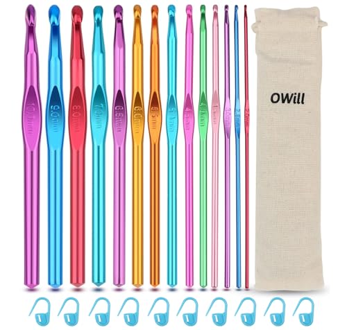 OWill 24 Stück häkelnadel set,14 Größen 2mm-10mm Häkelnadel aus bunt Aluminium mit 10 Markierungsnadel,Ergonomische häkelnadeln Crochet Set für Anfänger und arthritische von OWill