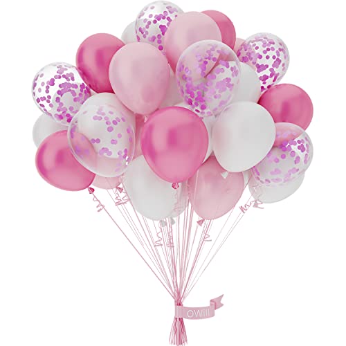 OWill 50 Stück Luftballons Rosa Weiß Pastell, 10 Zoll Rosa Konfetti Ballons, Perfekte Partydeko für Geburtstag, Hochzeit und Graduierung - Luftballons Geburtstag Mädchen von OWill