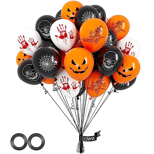 OWill 50 stück Halloween luftballons,10 Zoll Latex luftballons orange weiß und schwarz,halloween deko luftballons mit 2 Rollen schwarzem band,balloons für halloween deko kinder,halloween party von OWill