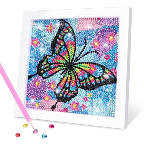 OWill Diamond painting kinder mit rahmen,Diamond painting schmetterling,DIY diamond painting mädchen kinder ab 6,Diamant malspielzeug als geschenk zum geburtstag und zu Weihnachten (15x15cm,blau) von OWill