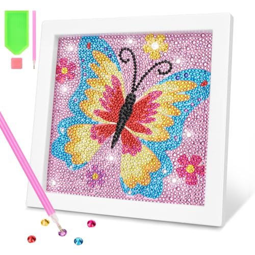 OWill Diamond painting kinder mit rahmen,Diamond painting schmetterling,DIY diamond painting mädchen kinder ab 6,Diamant malspielzeug als geschenk zum geburtstag und zu Weihnachten (15x15cm,rosa) von OWill