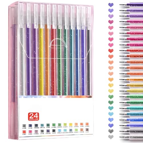 OWill Glitzer Gelstifte - 24 Stück Leuchtende Glitzer Kugelschreiber Set, Idealer für Notizen und Handzeichnungen, Glitzerstifte Mädchen, Gel Pen, Kreativität in Deinen Händen von OWill