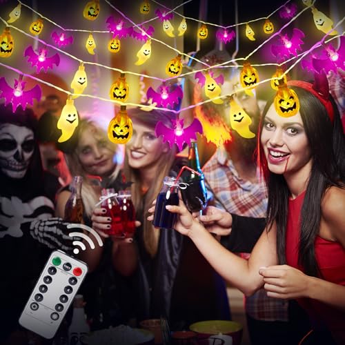 OWill Halloween Deko, 30 Stück 13 Fuß Halloween Lichterkette Outdoor, 8 Modi LED Lichterkette Halloween Kürbis Fledermaus Geist LED für Drinnen und Draußen von OWill