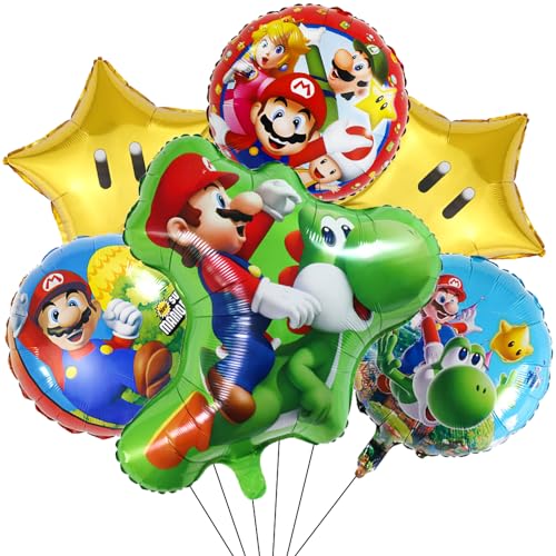 6 Stück Marrio Deko Kindergeburtstag, Folienballon Geburtstag, Party Dekoration, Folienballons für Geburtstag Deko, Folienballon für Kindergeburtstag Junge Mädchen Thema Party Deko von OXINO