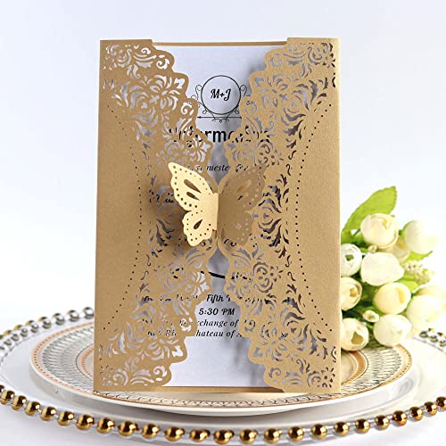 Hochzeitseinladungen，Hohlblumenkarten， Hochzeitseinladungsset, 50 Packungen, mit Schmetterlingen, mit blanko, bedruckbarem Papier und Umschlägen for Hochzeiten,(Metallic,Personalized printed) von OXOLAMRIN