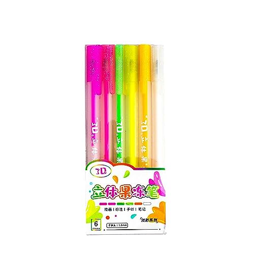 OXOLAMRIN Farbige Jelly Pen Set,Färben Stift Gel Tinte, 6 Stück fluoreszierende farbige 3D-Gelee-Stifte, glitzernde, mehrfarbige Roller-Kugelschreiber for Malbücher, Kritzeleien, Scrapbooking(A) von OXOLAMRIN