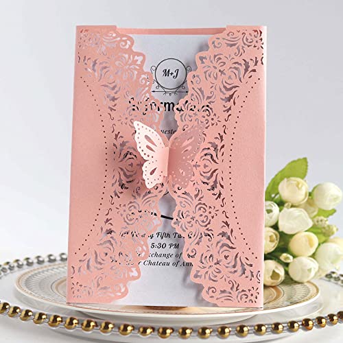 OXOLAMRIN Hochzeitseinladungen，Hohlblumenkarten， Hochzeitseinladungsset, 50 Packungen, mit Schmetterlingen, mit blanko, bedruckbarem Papier und Umschlägen for Hochzeiten,(Pink,Blank) von OXOLAMRIN