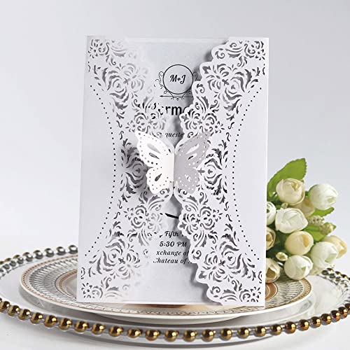 OXOLAMRIN Hochzeitseinladungen，Hohlblumenkarten， Hochzeitseinladungsset, 50 Packungen, mit Schmetterlingen, mit blanko, bedruckbarem Papier und Umschlägen for Hochzeiten,(White,Blank) von OXOLAMRIN