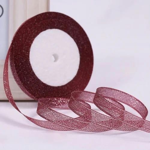 Transparentes Chiffonband, Geschenkband, (22 Meter/Rolle) 10 mm einseitige Glitzerbänder, Hochzeitsdekoration, Geschenkband, Weihnachtsbänder, handgefertigte Geschenkverpackung, Kunsthandwerk(Dark red von OXOLAMRIN