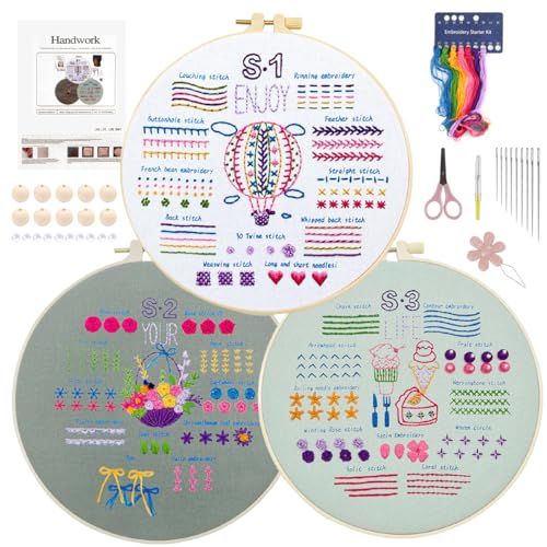 Embroidery Kit 3 Stück,Sticken für Anfänger,Blumenmuster Pflanzen Stickset,mit 1 Stickrahmen,Anleitung und Werkzeuge,stickset für Anfänger für DIY Kunst,Handwerk von OXRXRO